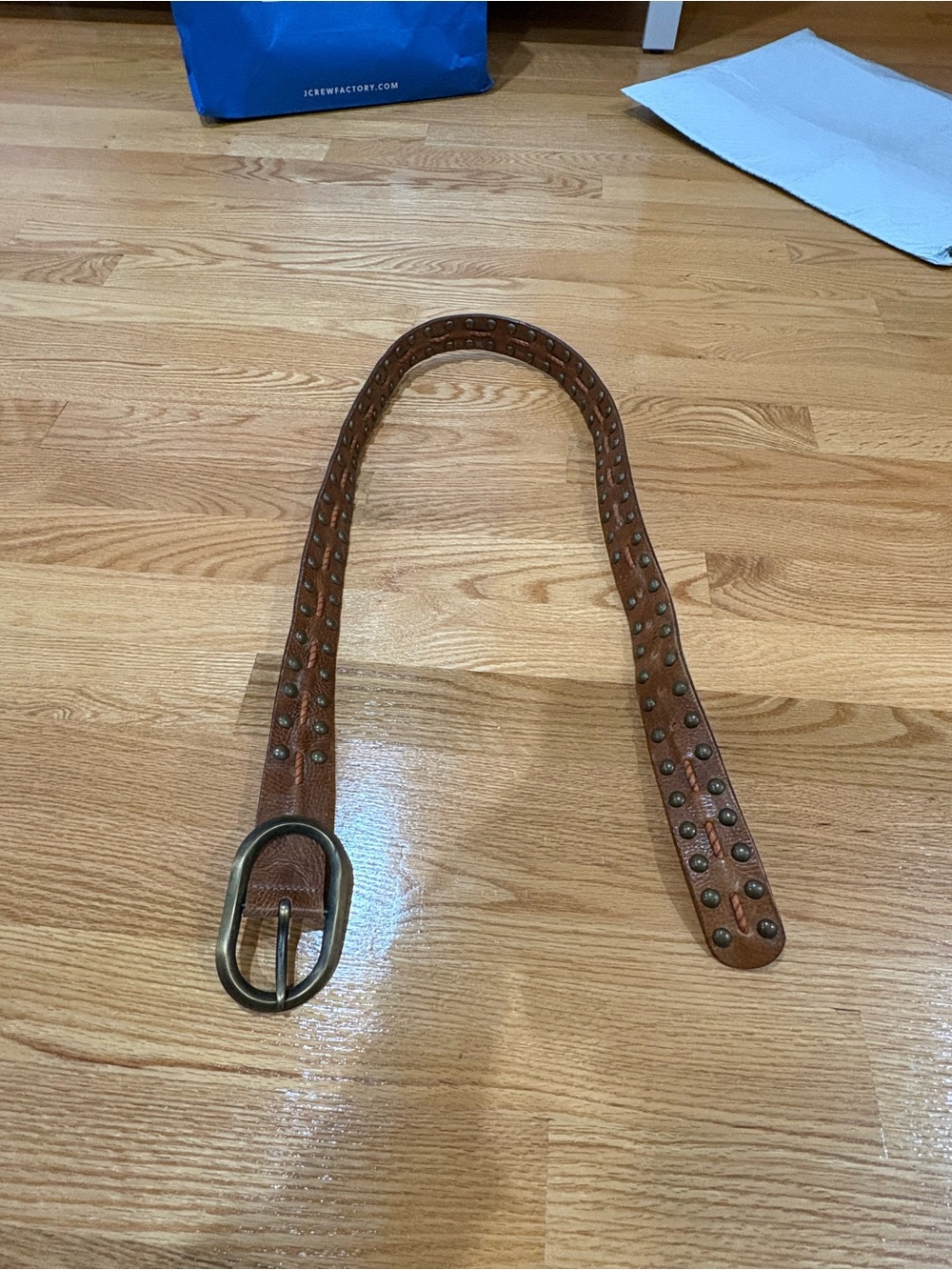 Vintage Women's Tan Studded Leather Belt with Antique Brass Oval Buckle